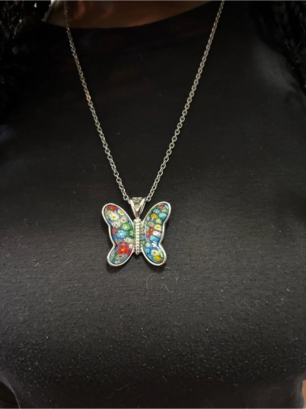 Silver Butterfly Millefiori Pendant Necklace - Blue Multicolor